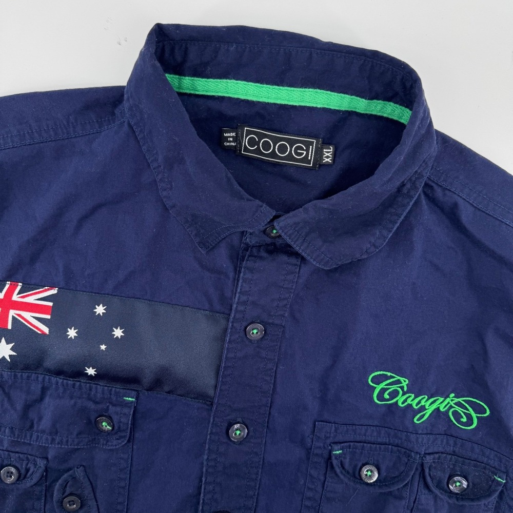 Coogi Button Down Shirt Mens XXL Navy Blue Australia Multi Pocket Short Sleeve
